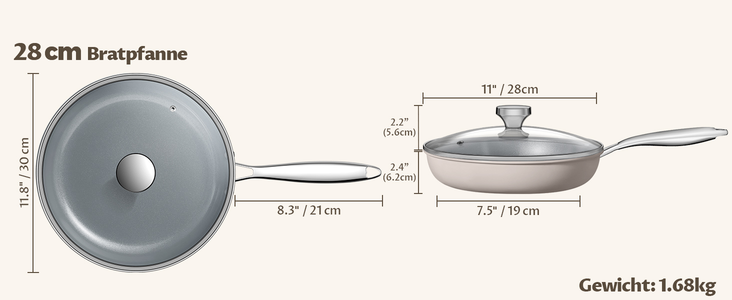 Набір сковорідок Induktion 5-ти частинний, антипригарне покриття, 20/24/28 см, молекулярно зв'язане дно, без PTFE, сумісний з усіма плитами, для духовки, сірий