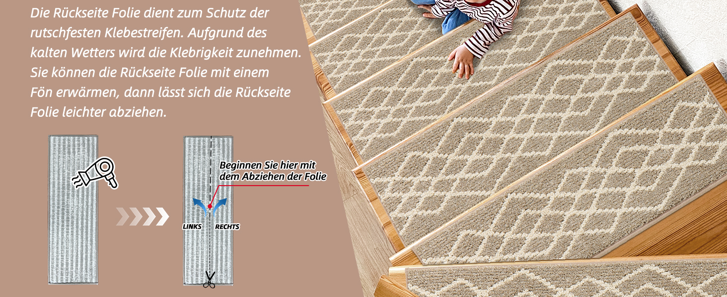 Ковзаючі сходинки для дому COSY HOMEER, 15 шт. (70 x 22 см), антиковзаючі, самоклеючі, машинне прання, 100% поліестер, TPE-підкладка, ідеально для дітей, літніх людей та домашніх тварин, бежевий ромбік