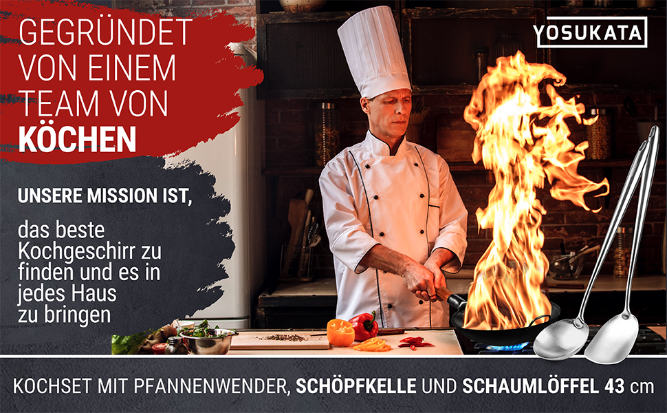 Набір кухонних аксесуарів YOSUKATA: вок, шумовка, лопатка, спідниця для воку. Нержавіюча сталь 304, 43 см. Шумовка, лопатка, спідниця для воку, супова ложка. Безпечно для миття в посудомийній машині.