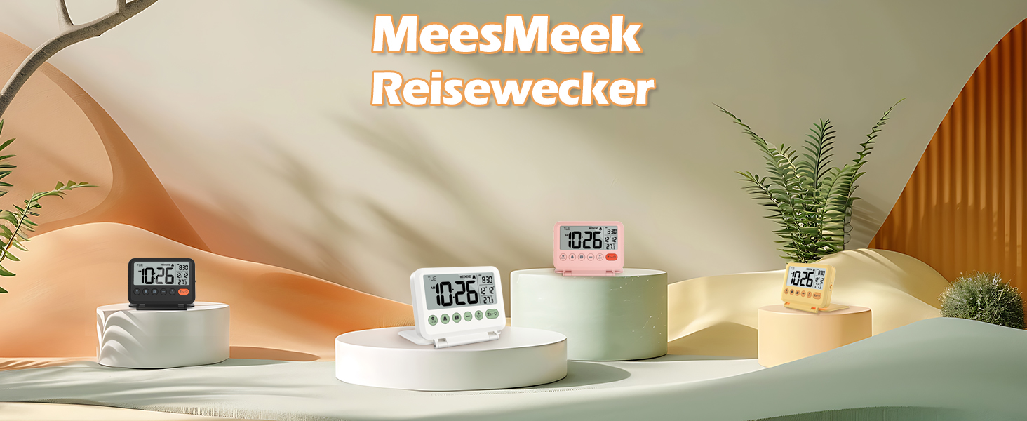 Цифровий будильник MeesMeek: 2 рівні освітлення, регулювання гучності, календар, температура, функція відкладання, компактний, на батарейках (жовтий)