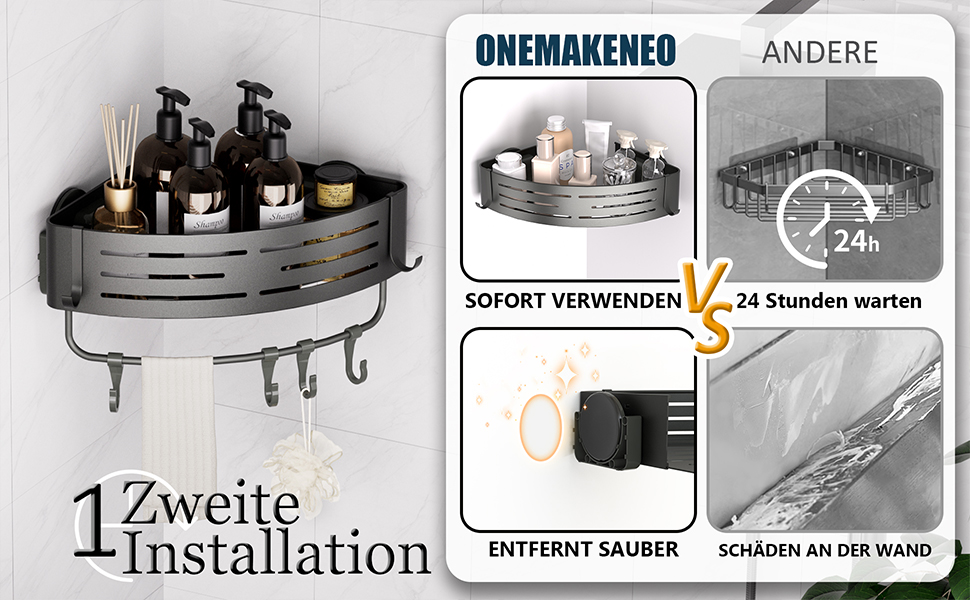 Двомісне куткове поличок для душу без свердління з присосками, водонепроникний органайзер для ванної кімнати, з тримачем для рушників, для шампуню та гелю для душу, чорний матовий (1 шт. сірий кутовий поличок для душу)