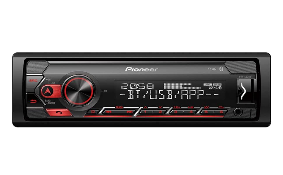 Автомагнітола Pioneer MVH-S320BT 1DIN з Bluetooth, USB, AUX, RDS, німецьке меню, чорна/червона, напівглибока установка, Smart Sync, гучний зв'язок