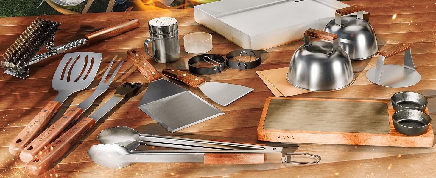 Набір для приготування Smash Burger XXL [9 предметів] з нержавіючої сталі з дерев'яними ручками для Plancha, гриль-плити, газового гриля та вогняної чаші | 1x прес для бургера, 2x формочки для бургера, 1x шпатель для гриля, 1x лопатка для гриля та інше | 9-ти частинний набір