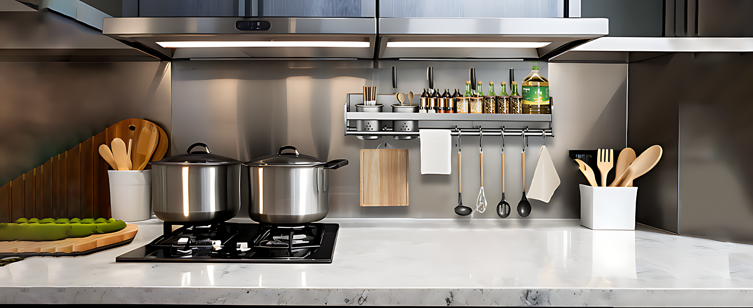 Настінна полиця для спецій, кухонна полиця без свердління, сіра, 50х13.4х12 см, з гачками та підставками для кухонного приладдя