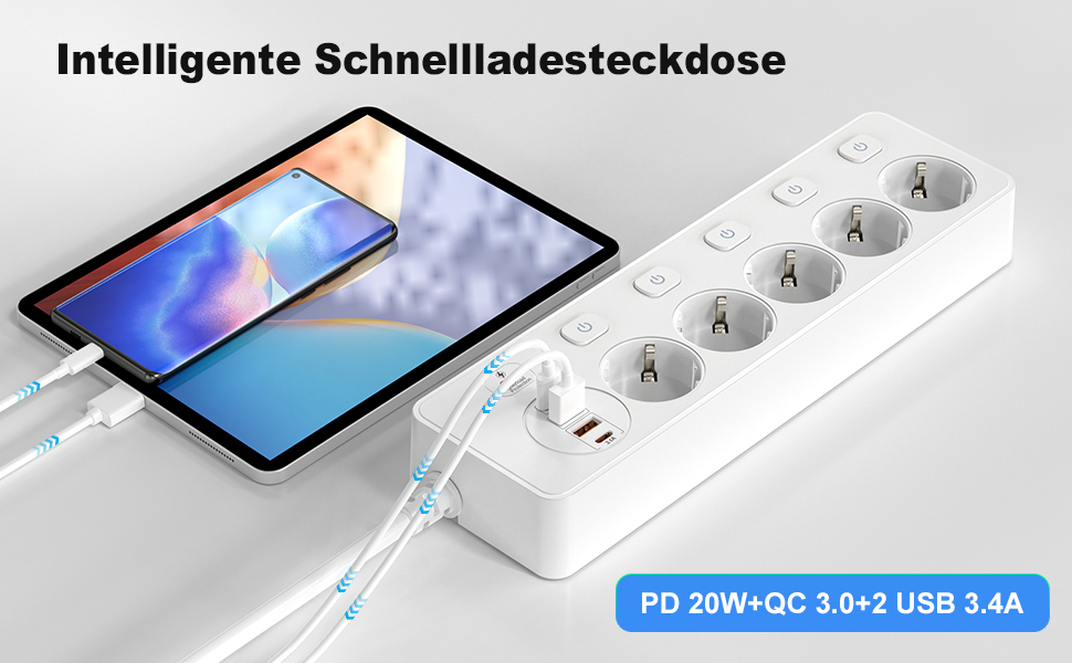 Мережевий адаптер 5-фазний з індивідуальним вимикачем, з 2 USB-A та 2 USB-C, мережевий розподільник 5-фазний з вимикачем, мережева стрічка настінна з 2м кабелем, PD 20W - Білий