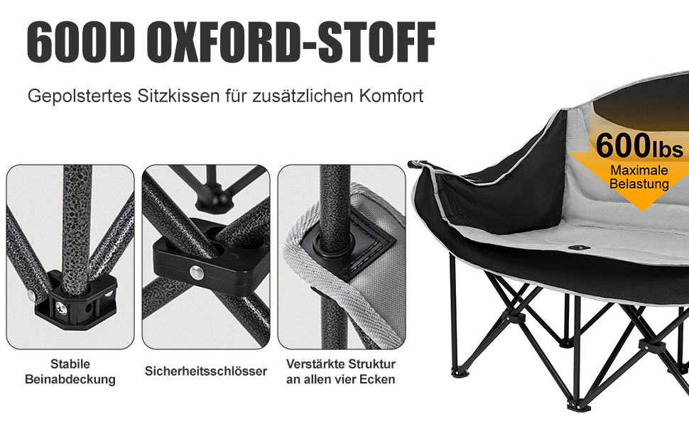 Кампанінг стілець подвійний великий, м'який, з підсклянником, складаний для 2 осіб, чорно-білий