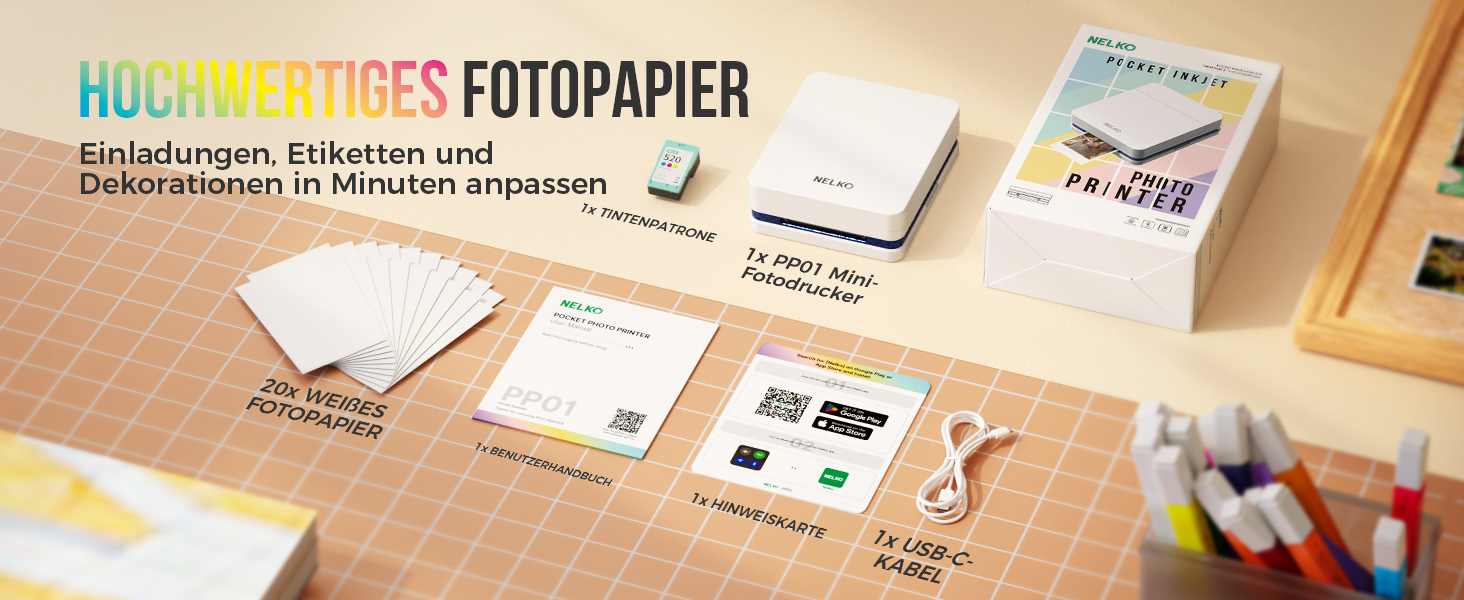 Портативний міні-принтер Nelko PP01 для фотографій з телефону (iOS & Android), 20 папірців, наклейки, білий