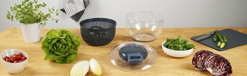 Сушарка для салату Fackelmann EasyPrepare з мотузковим механізмом і кнопкою стоп – для легкого миття, сушіння та сервірування салату, знімне сито