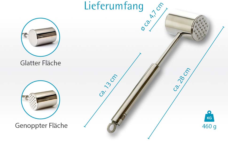 Молоток для м'яса GRÄWE з нержавіючої сталі, двосторонній відбійний молоток з гладкою та рифленою поверхнею, 28 см