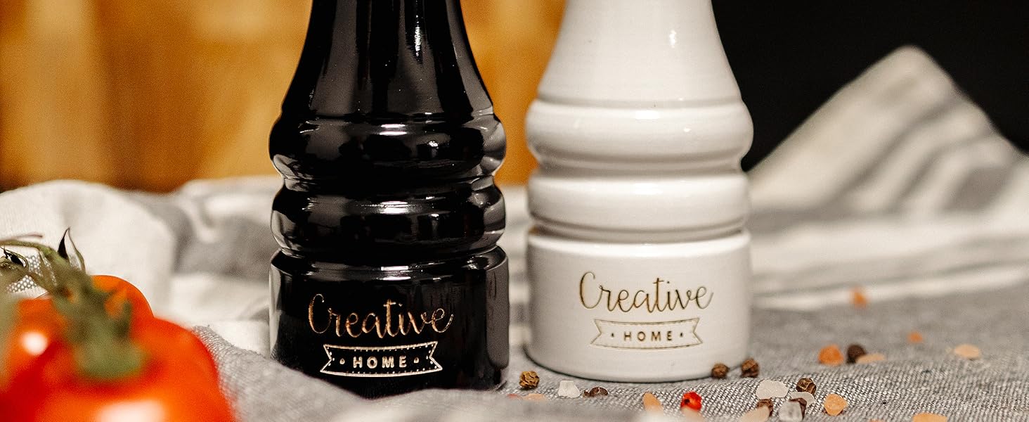 Набір дерев'яних млинів для солі та перцю Creative Home, білий і чорний, 18 см, ручний механізм, з міні-совочком – ідеально для кухні