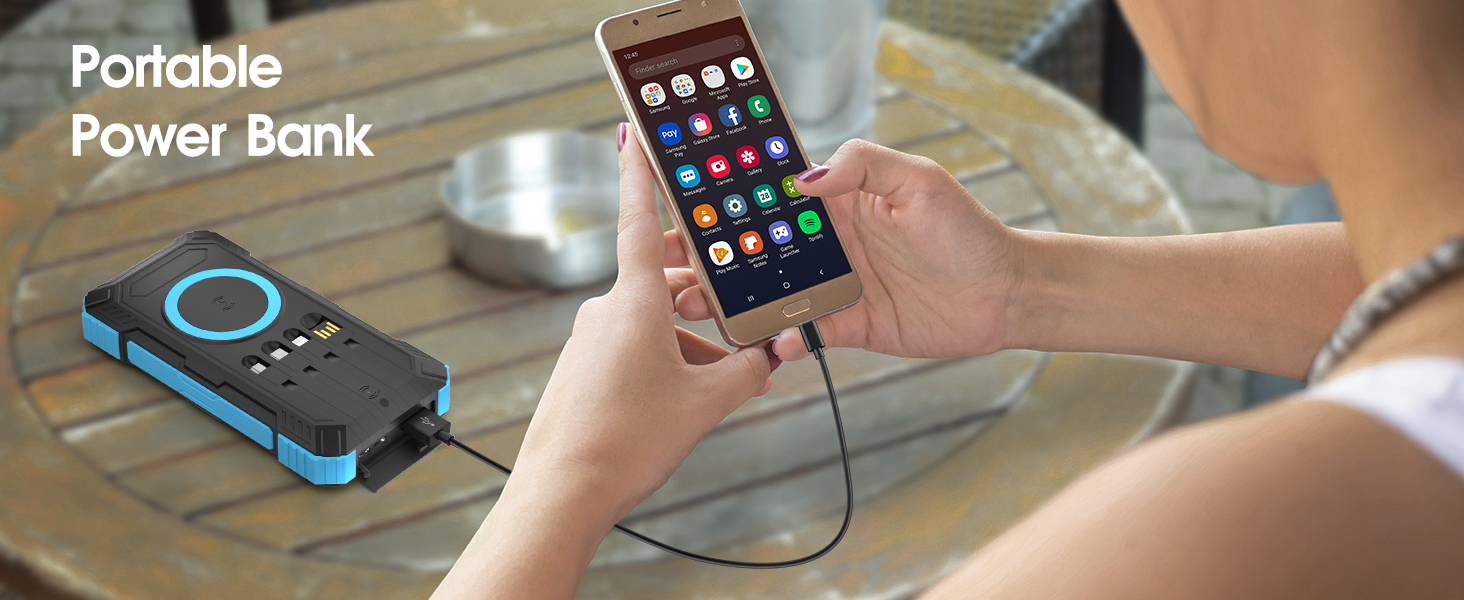 Портативний зарядний пристрій Solar Powerbank 56800mAh з бездротовою зарядкою, 30W PD, 6 виходів, ліхтарик, для кемпінгу та подорожей (Синій)