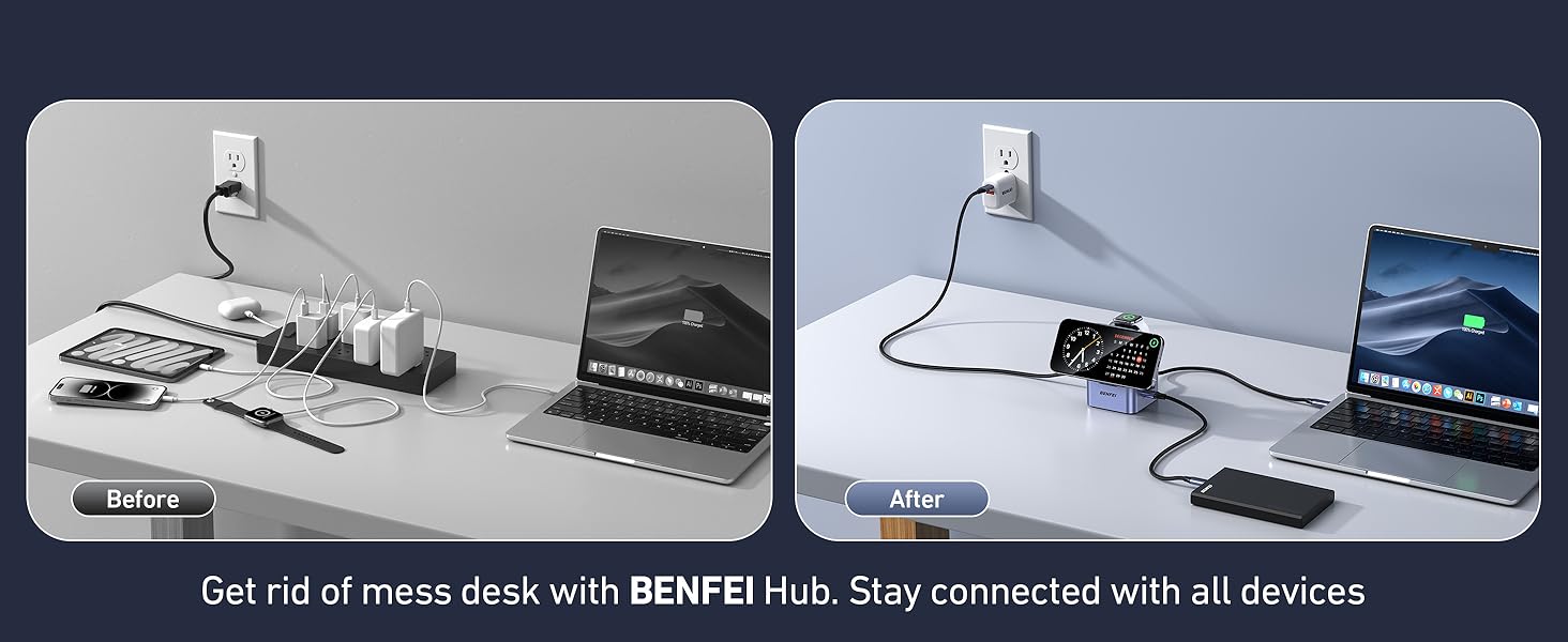 BENFEI 3-в-1 Станція зарядки MagSafe з USB-C хабом – для iPhone 16/15/14/13/12, Apple Watch та AirPods. HDMI (4K@60Hz), 100W PD, 2x USB 3.0 (5Gbps)