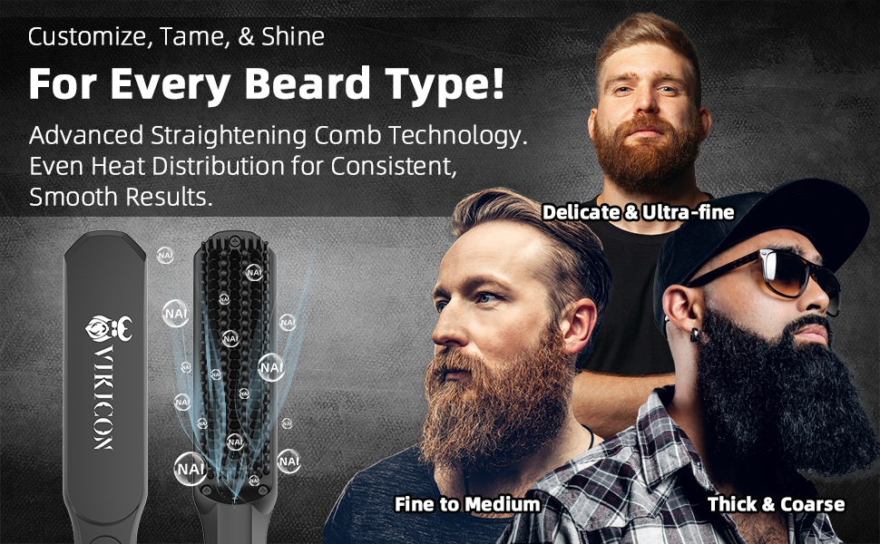 VIKICON Men's Beard Straightener Brush - Mini Pro Hair Straightener with Negative Ions, 3-Temp Settings, Portable & Fast for Beard & Hair Styling - Black