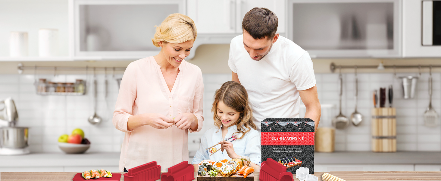 Набір для приготування суші, 20 предметів, для початківців, з формами для ролів, виделкою, ножем, килимком для ролу, палочками, повний комплект (Чорний) (Червоний+тарілка)