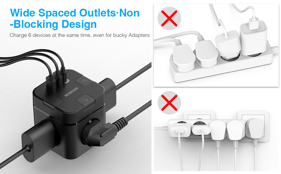 Багатофункціональний USB-розподільник 6 в 1 з USB-C, 3 розетки, індивідуальне вмикання, куб, кабель, для офісу, дому, подорожей (4M, чорний)