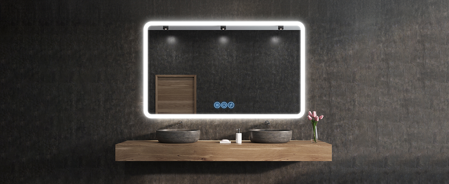 Дзеркало для ванної кімнати з підсвічуванням 100x60 см Faw Halo Double, HD скло, сенсорні кнопки, IP65, 3 кольори, вертикальна/горизонтальна орієнтація, функція пам'яті