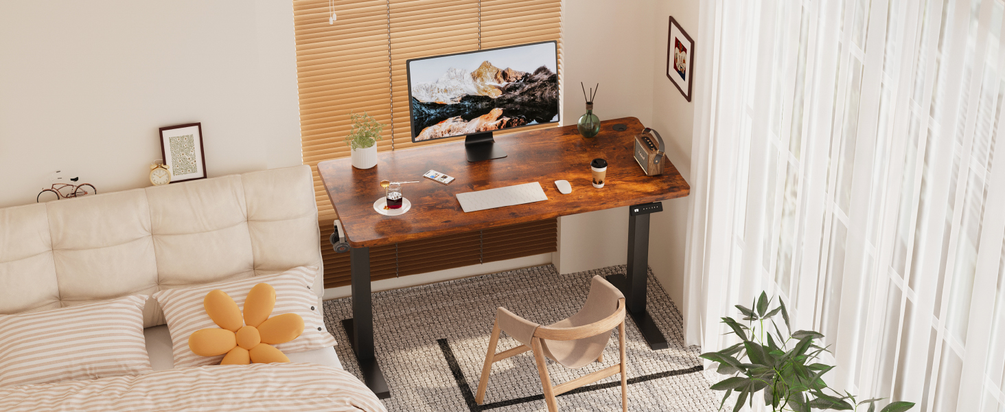Devoko Adjustable Height Electric Desk - 120x60cm - Vintage Brown - Sit-Stand Desk with Memory Function & Collision Detection