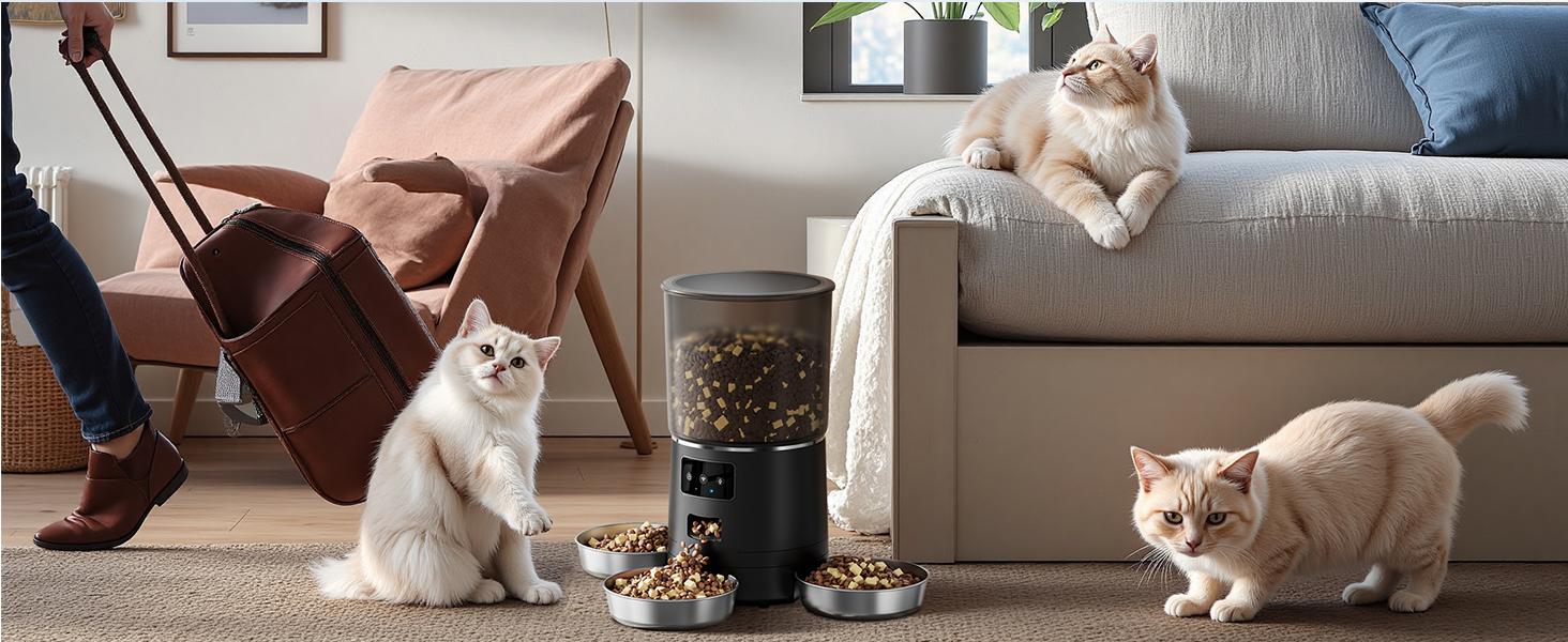 Автомат годівлі для котів з APP та таймером, 6 л / 25 порцій, 3 миски, 3 пакетики силікагелю, система запобігання застряганню, WiFi 2.4G, запис голосу, чорний