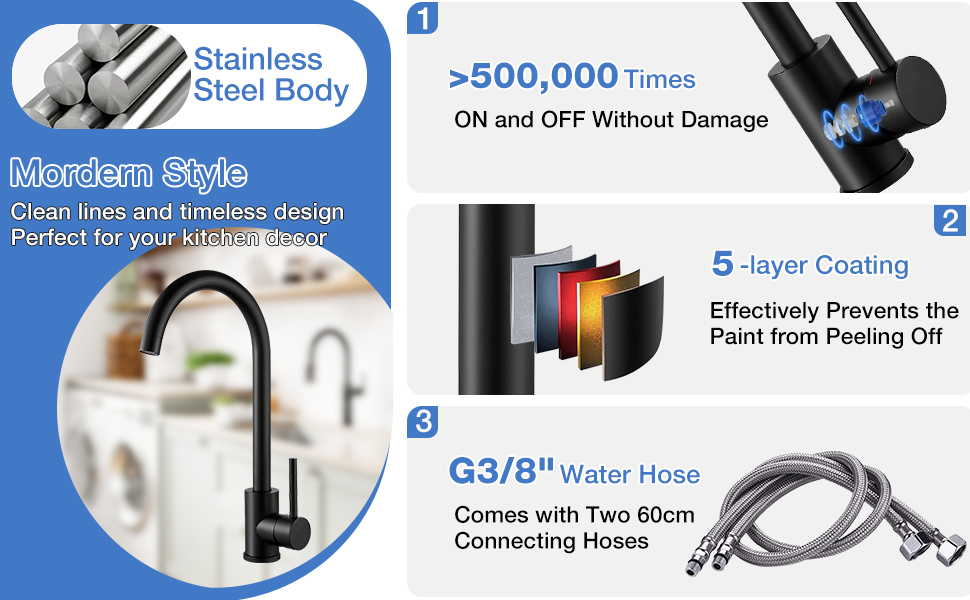 Чорний кухонний змішувач з нержавіючої сталі 304, поворотний вилив, моно-змішувач, стандарт UK, матовий чорний