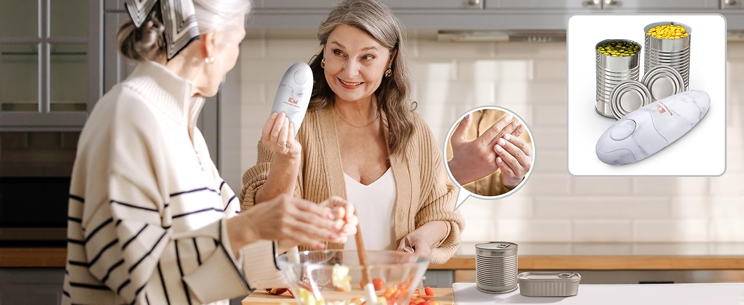 Електрична відкривачка для консервів Kitchen Mama Auto 2.0, автоматична, батарейкова, з оптимізованим лезом, безпечна, гладкий зріз, мармурово-чорна