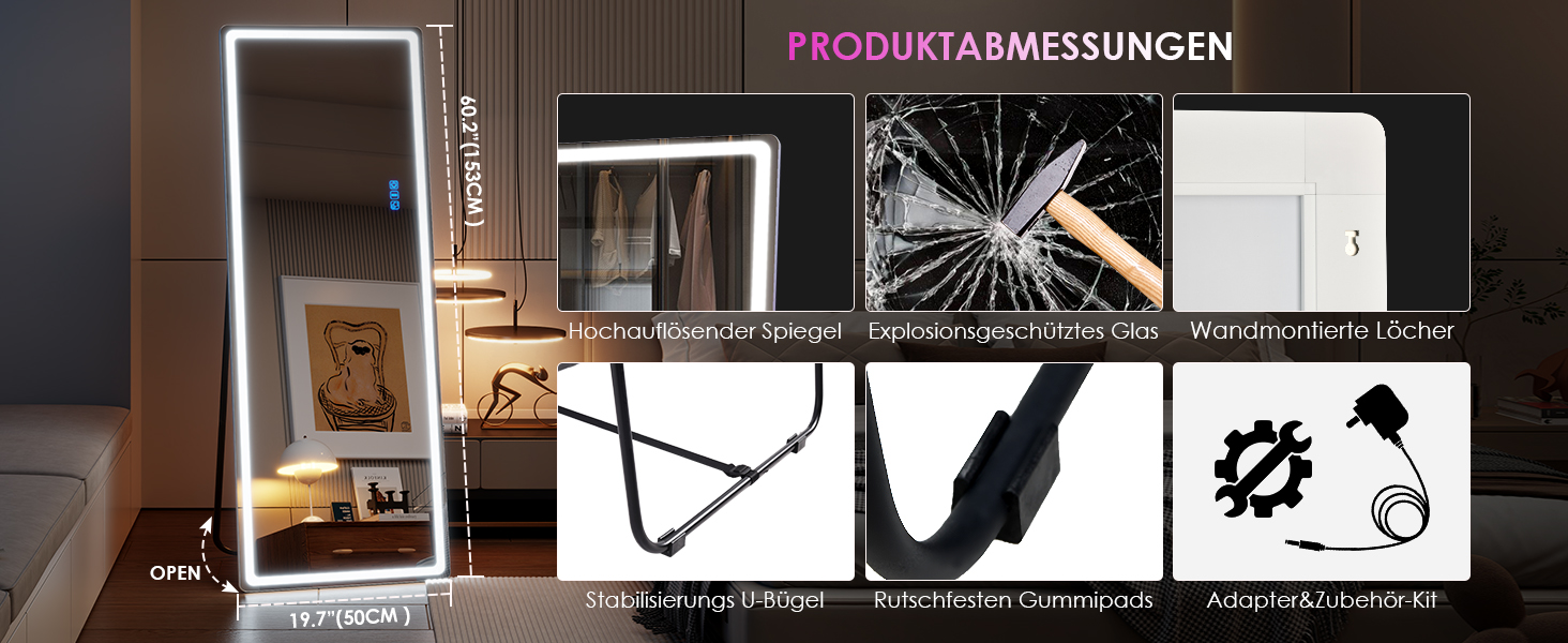 Дзеркало для тіла LVSOMT з підсвічуванням, настінне, LED, 120x40 см, для спальні, подарунок, білий