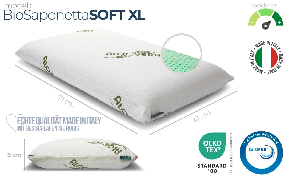Подушка для сну з піни Memory Foam 15 см, для сну на боці, Aloe Vera, для дорослих, виготовлена в Італії