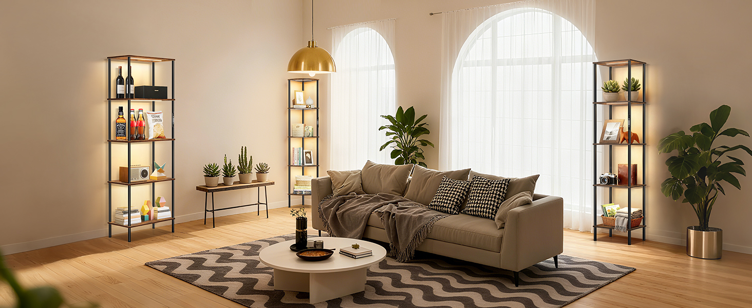 Стійка лампа з полицею, LED, регулювання яскравості, 3 колірні температури, сенсорне та дистанційне керування, полиця для книг, дерев'яна стійка, сучасний дизайн для вітальні, спальні, офісу (Rustic Brown)