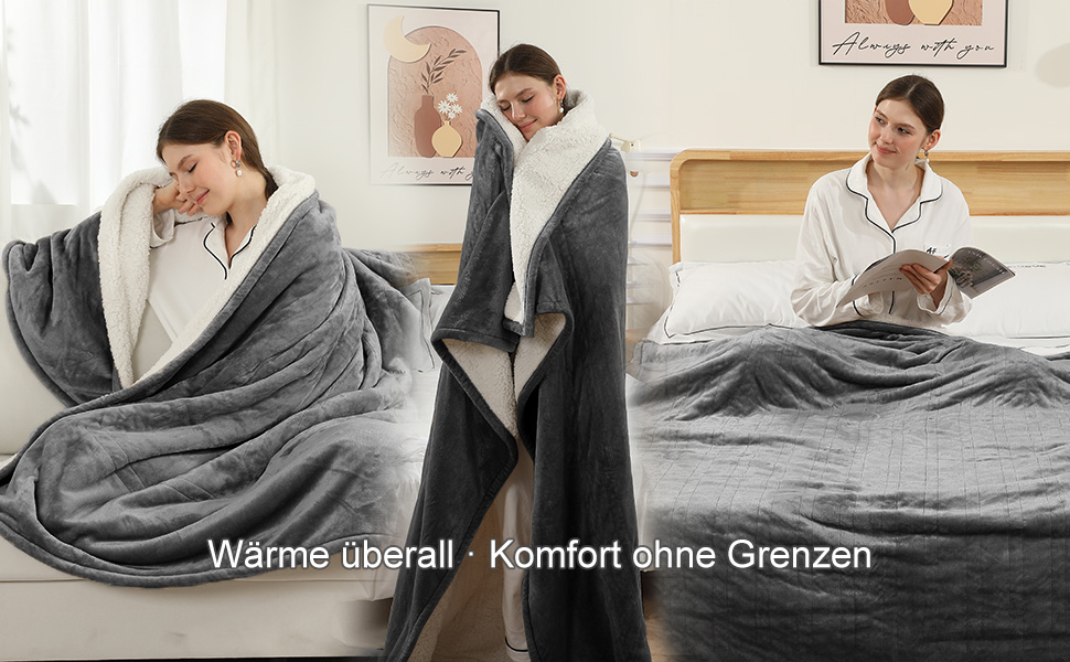 Електрична ковдра COZYTY 150x200 см з таймером та захистом від перегріву, фланель, 6 режимів нагріву, сіра