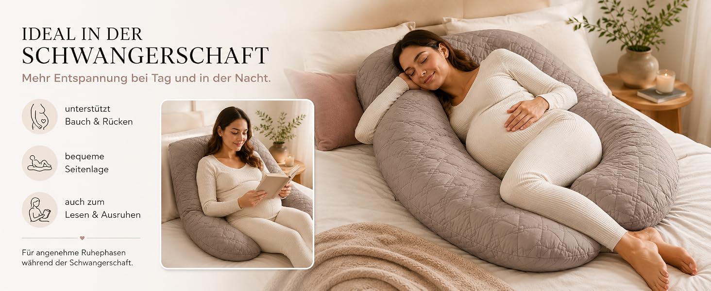 U-подібна подушка для вагітних та годування sei Design XXL, подушка для сну на боці для підтримки спини та стегон, колір taupe, стібана