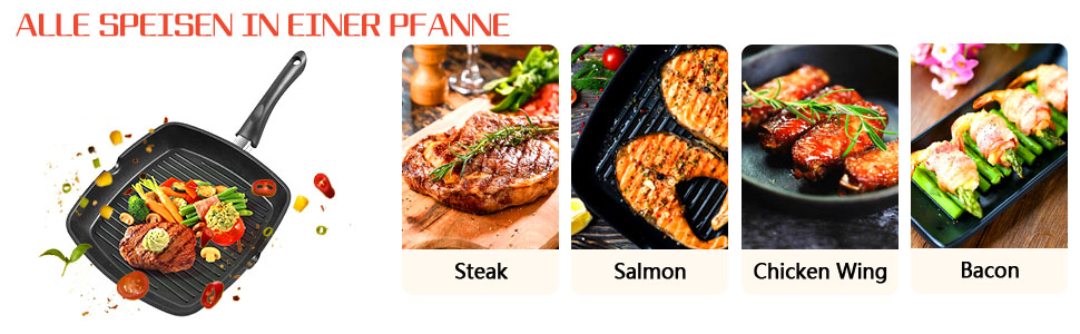 Сковорода гриль 28x28 см з алюмінію з індукційним дном, антипригарна PFOA-free, легка в очищенні