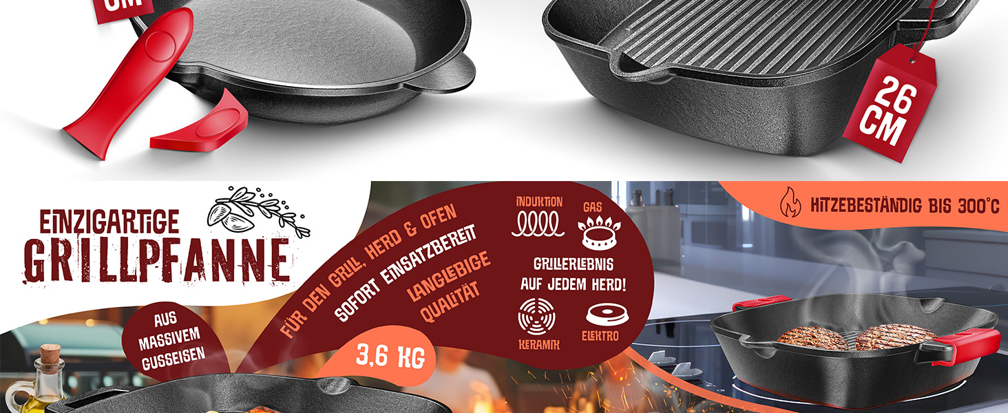 Чавунна сковорода-гриль KESSER® 26 см для індукції, газу, духовки та вугільного гриля | Сковорода для стейків з захисними ручками, кухонна книга та очищувач