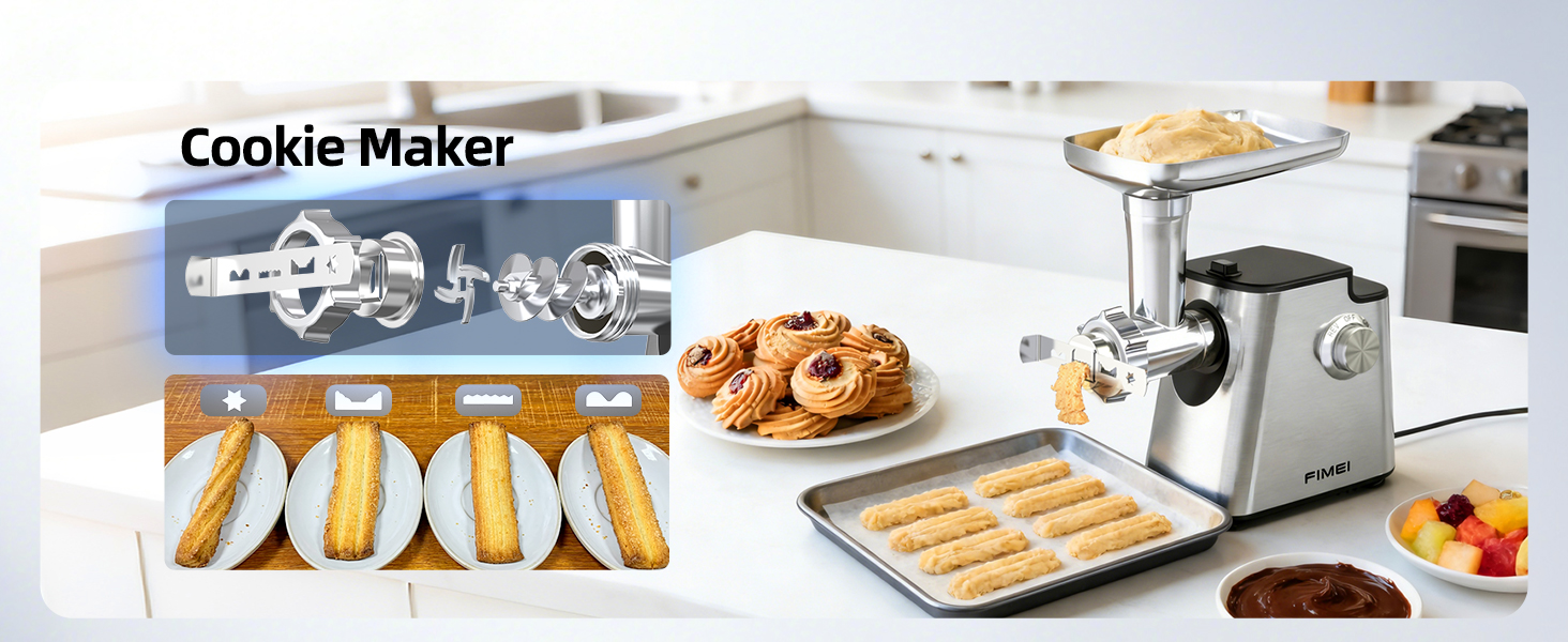 М'ясорубка електрична FIMEI 4-в-1 з насадками для ковбас та печива, нержавіюча сталь