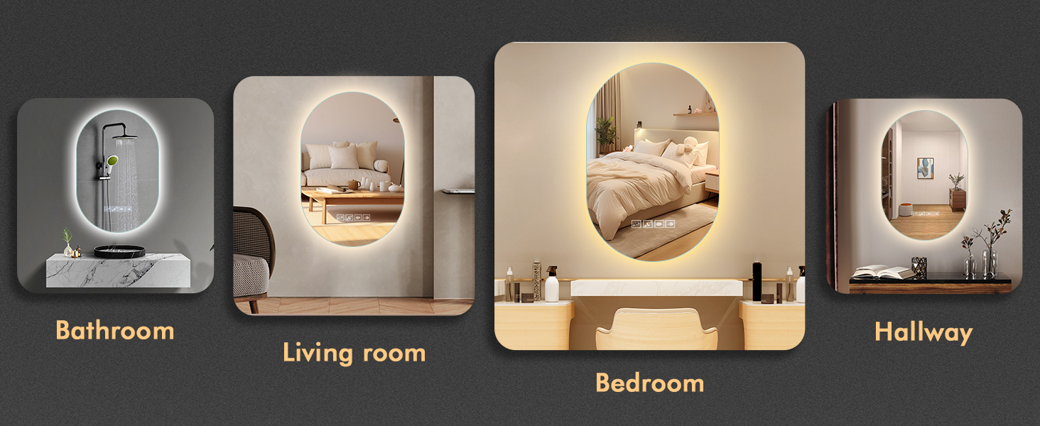 Дзеркало для ванної кімнати з підсвічуванням LED, 60 см, протитуманна функція, Bluetooth, сенсорний вимикач, регулювання яскравості, 3000K/4000K/6500K, HD-загартоване скло, 500x750 мм (овальне)