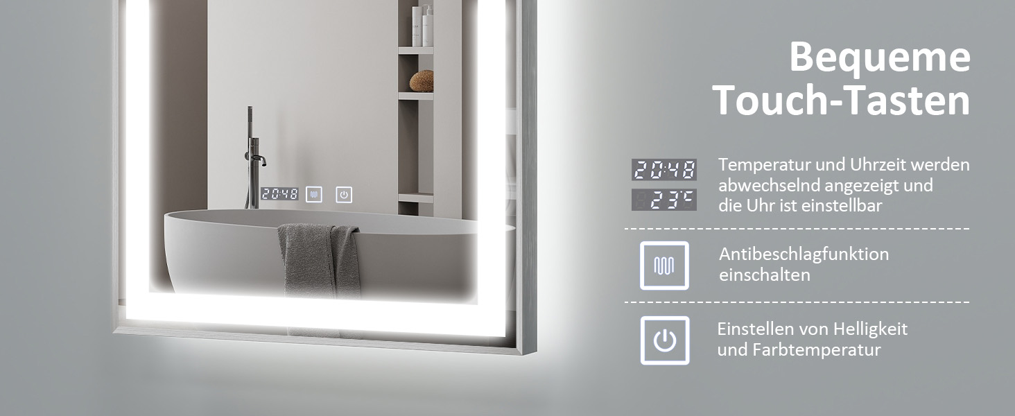 Дзеркало YOURLITE з підсвічуванням 70x50 см, LED дзеркало для ванної кімнати з годинником, сенсорне керування, 3 кольори світла, регулювання яскравості, антизапарник, пам'ять, срібний