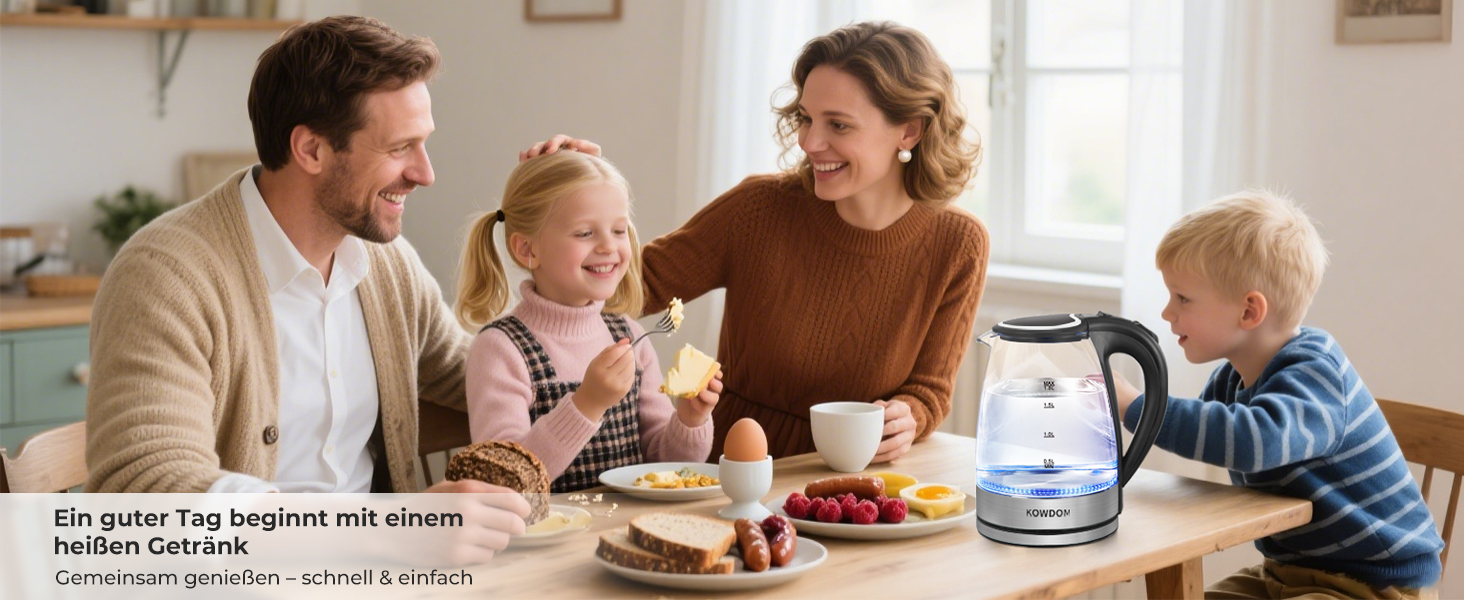 Електричний чайник Kowdom 1.8L з боросилікатного скла, BPA-free, 2200W, швидкий нагрів, автовимкнення та захист від сухого кипіння, чорний