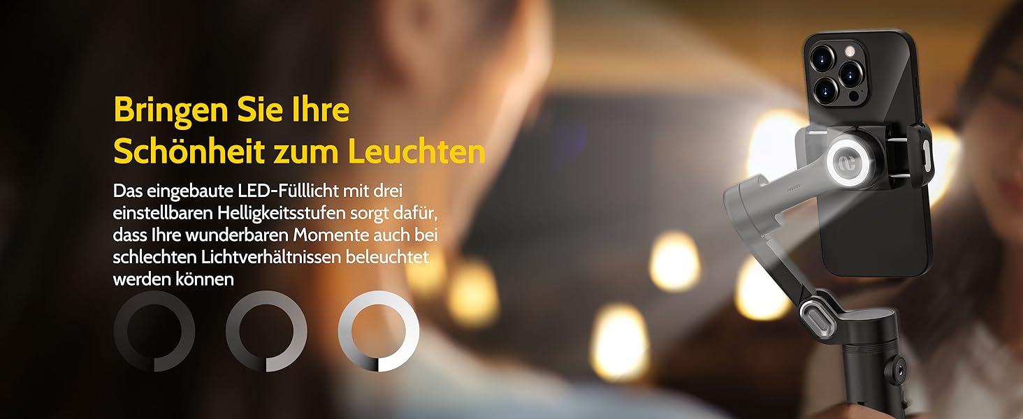 Стабілізатор для смартфона AOCHUAN 3-осьовий з функцією розпізнавання обличчя, вбудованим світлом та 1/4 дюйма різьбою. Підходить для iPhone 16/15 Pro, Android, TikTok-влогів. Чорний.