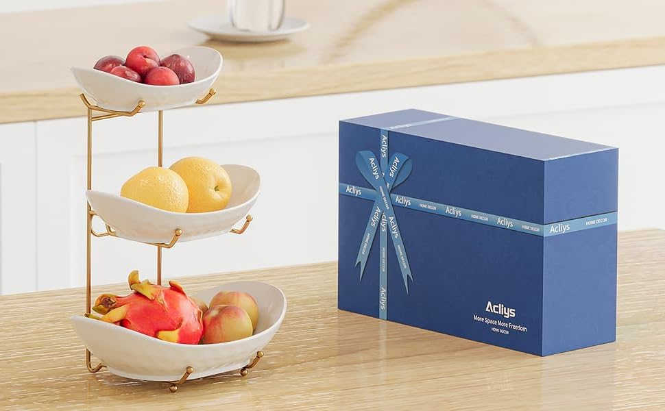 Трьох'ярусна фруктова тарілка Acliys з кераміки (золото) – для зберігання фруктів, овочів, снеків та десертів