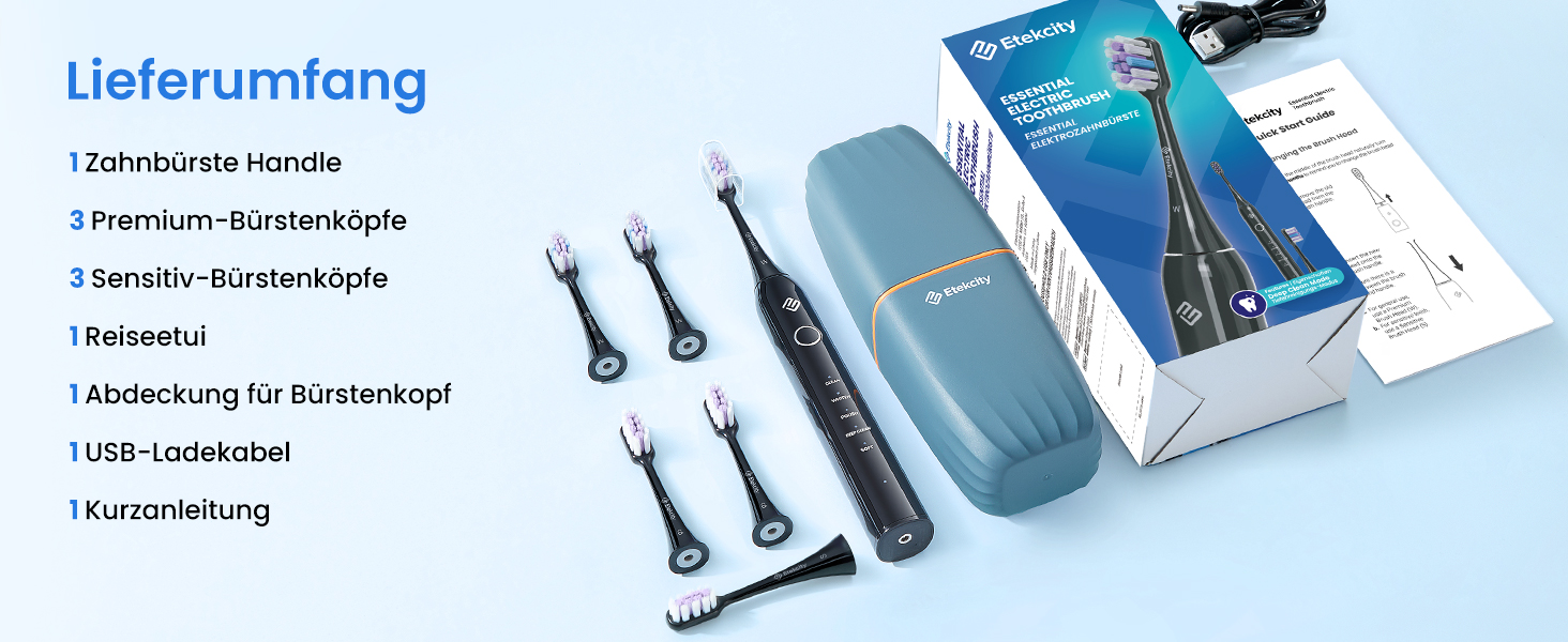 Електрична звукова зубна щітка Etekcity з 5 режимами, 6 насадок, таймер 2 хв, для дорослих та дітей, чорна преміум-модель