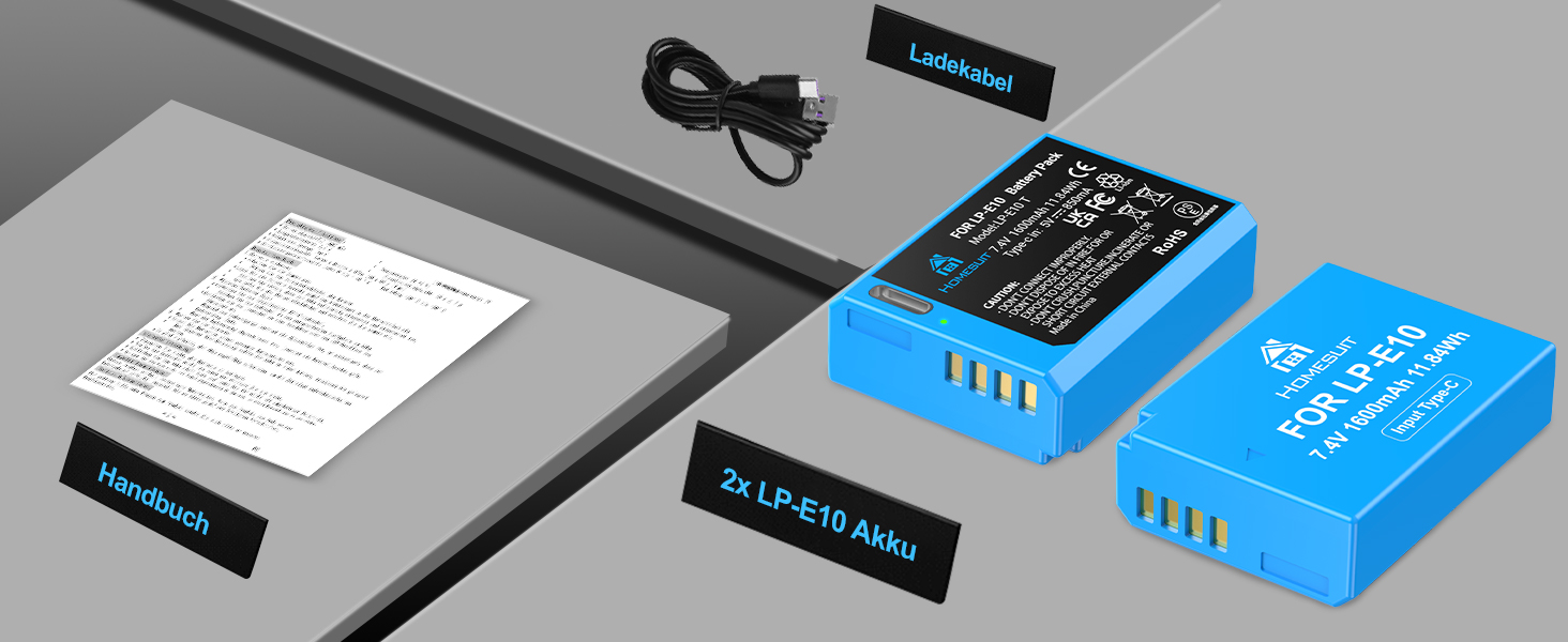 Акумулятор Homesuit LP-E10 1600mAh та LED-зарядний пристрій для Canon EOS 1100D, 1200D, 1300D, 2000D, Rebel T3, T5, T6, T7, Kiss X50, Kiss X70 (2 шт.)