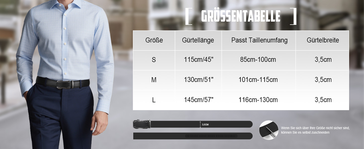 Чоловічий шкіряний ремінь JasGood з автоматичною застібкою та регулюванням, 35 мм, чорний, 115 см (підходить для талії 85-100 см)