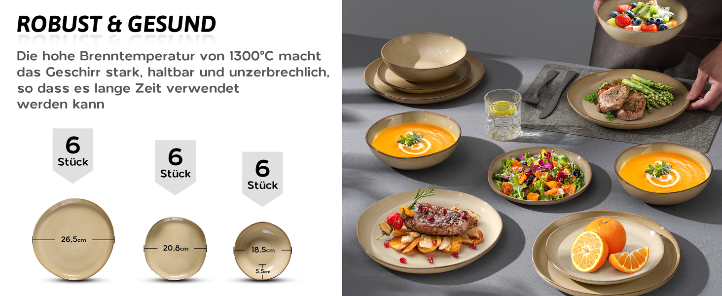 Набір посуду Joyfair на 6 осіб, 18 предметів, з каменю, тарілки, миски, для мікрохвильовки та посудомийної машини, реактивний пісковий хакі