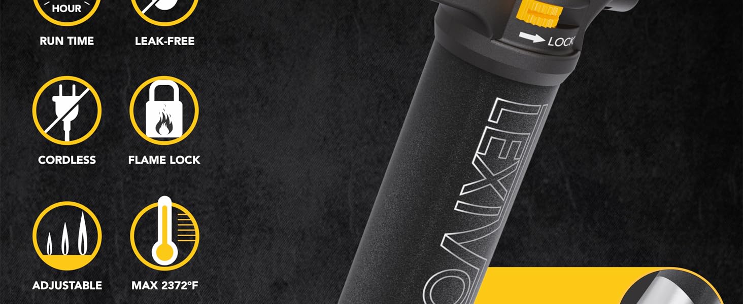 Газовий пальник LEXIVON LX-775 для кухні з дитячим замком та регульованим полум'ям | Пальник для крем-брюле та DIY | Алюмінієвий балон