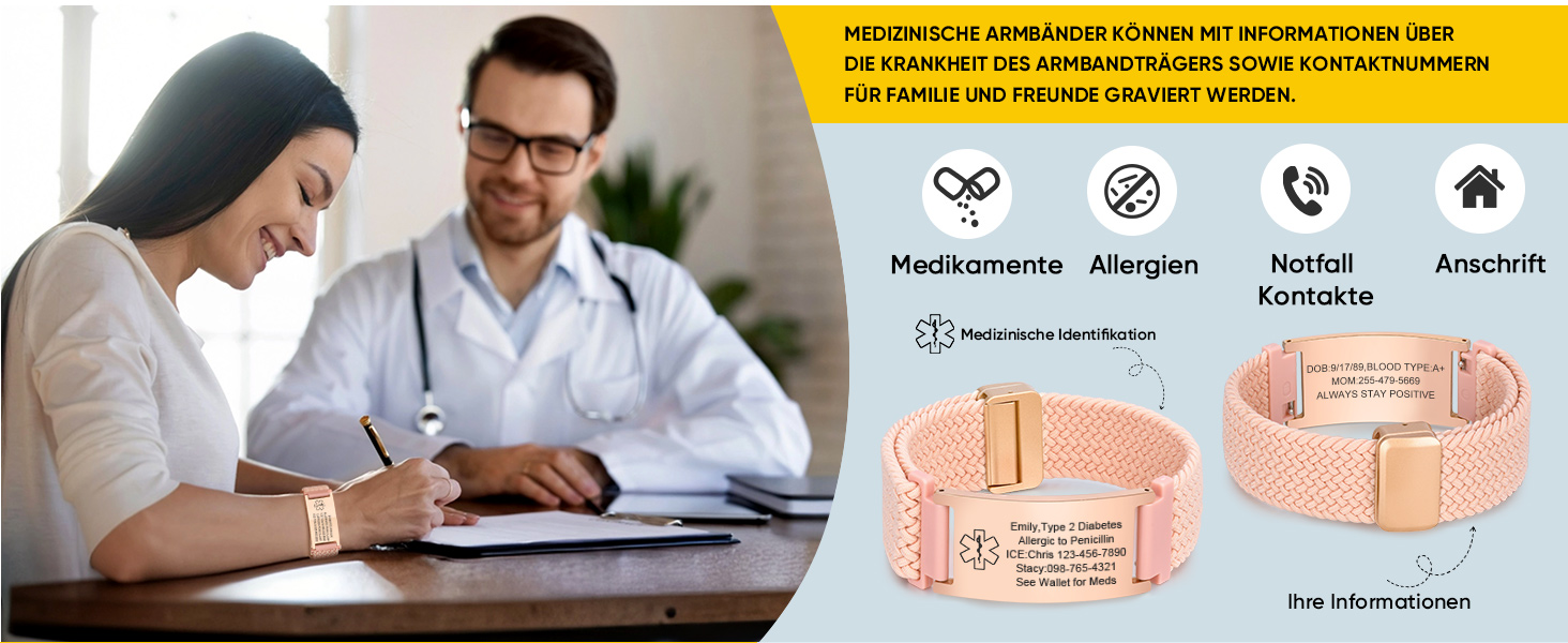 Браслет тривоги FLHEART з персоналізованою гравіюванням: медичний браслет SOS для діабету, епілепсії, алергії. Чоловічий/жіночий, чорний, з магнітною застібкою.