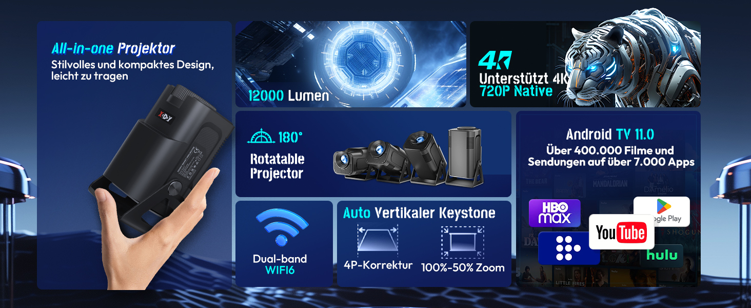 Проектор Xgody Gimbal 3: 12000 Люмен, Android 11.0, 4K, WiFi 6, Bluetooth, Автоматична корекція трапецеїдальних спотворень, для домашнього кінотеатру (білий/чорний)