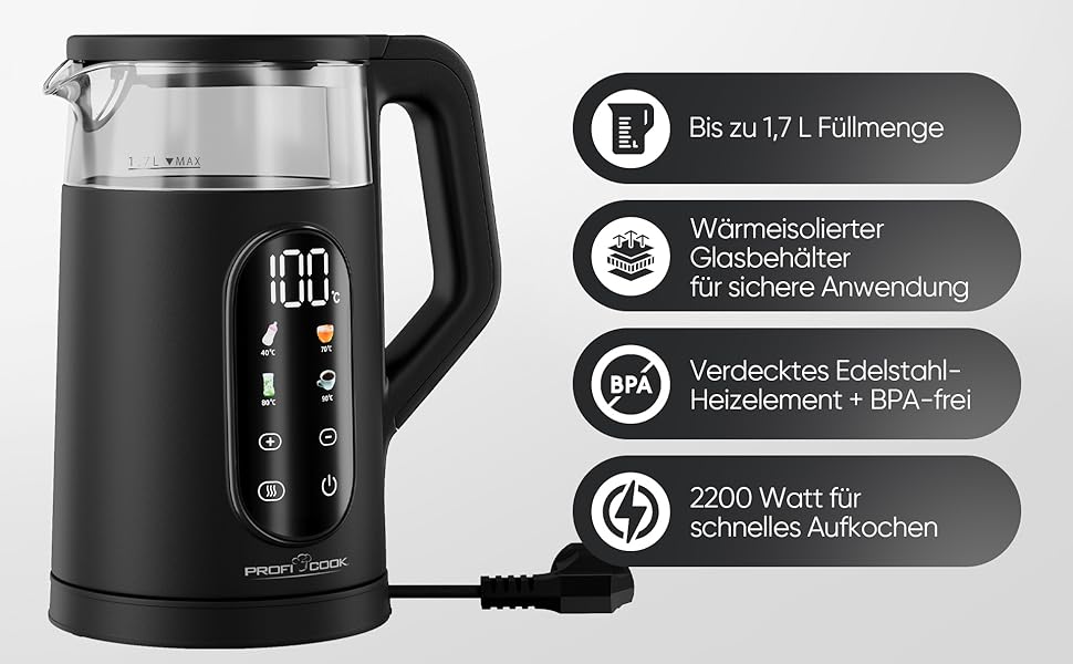 Скляний електрочайник ProfiCook PC WK 1328 G з регулюванням температури 40-100°C, 1.7л, 2200Вт, функція підігріву та швидкого старту