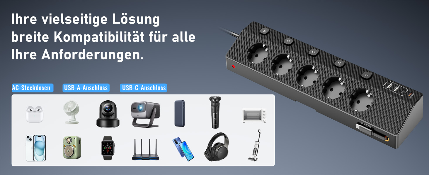 Настільний мережевий фільтр з 5 розетками та 2 USB-C (PD 30W), подовжувач з вимикачем, 4000 Вт, кабель 3м, чорний