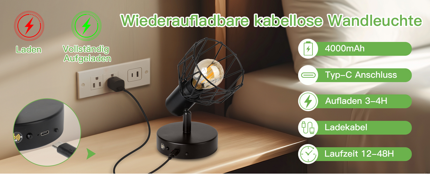 LED настінний світильник Kimjo з таймером, 2 шт., чорний, з акумулятором, диммування, E14, для спальні/вітальні