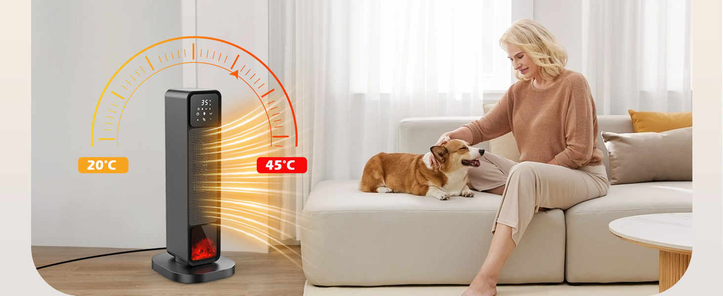 Ефективний енергозберігаючий обігрівач, 1500W PTC кераміка, 34 dB, термостат, таймер 12 год, захист від перегріву та перекидання, з пульт дистанційного керування (матовий чорний)