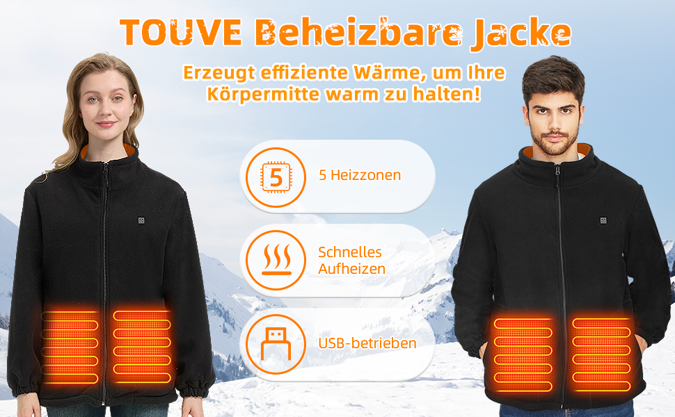 Обогревна куртка TOUVE з 5 зонами підігріву, регулюванням температури, Polar Fleece, для жінок та чоловіків, чорний (2025)