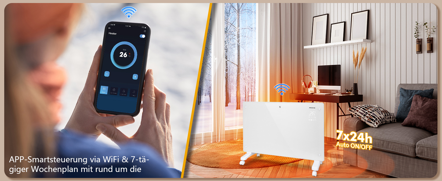 Електричний конвектор Aigostar з термостатом та Wi-Fi, 2000W, для кімнат до 30 м², чорний. Можлива установка на стіну або на підлогу.